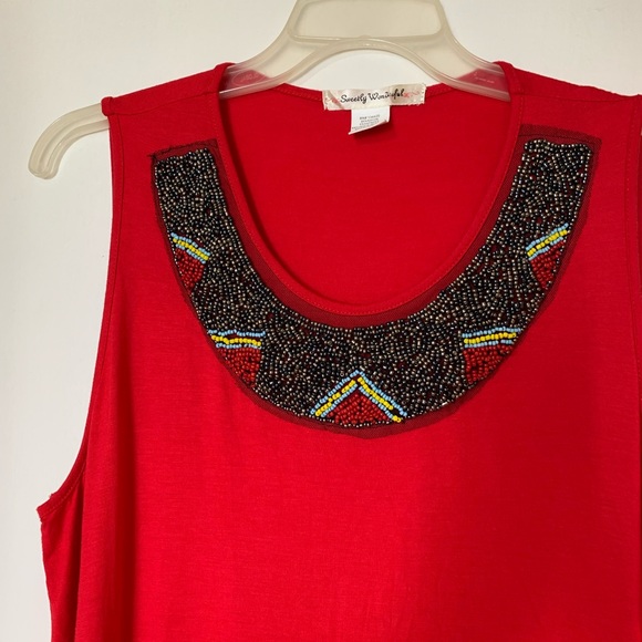 Sleeveless Stretchy Beaded Asymmetrical Hem Red Top Sz XL - Picture 7 of 9